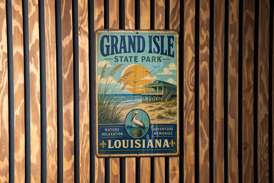 A vintage metal sign for Grand Isle State Park in Louisiana, featuring a beach scene with a lighthouse and a bird.