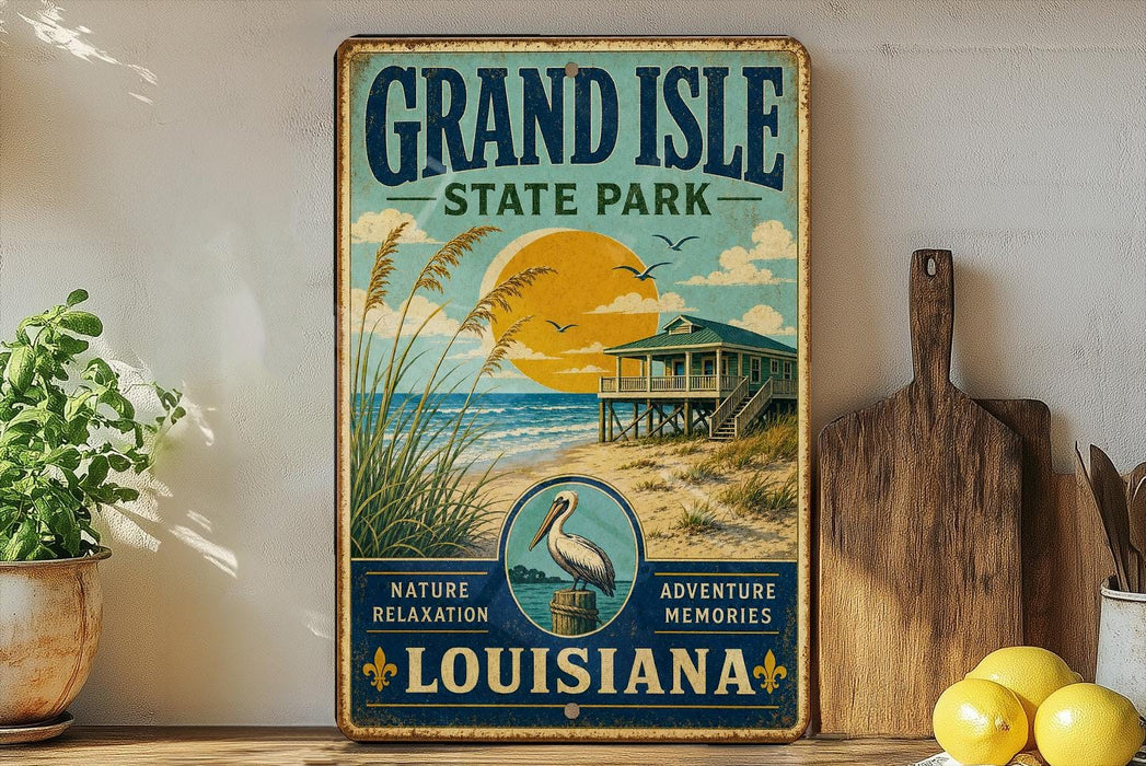 A vintage-style metal sign for Grand Isle State Park in Louisiana, featuring a beach scene with a house, palm trees, and a bird.