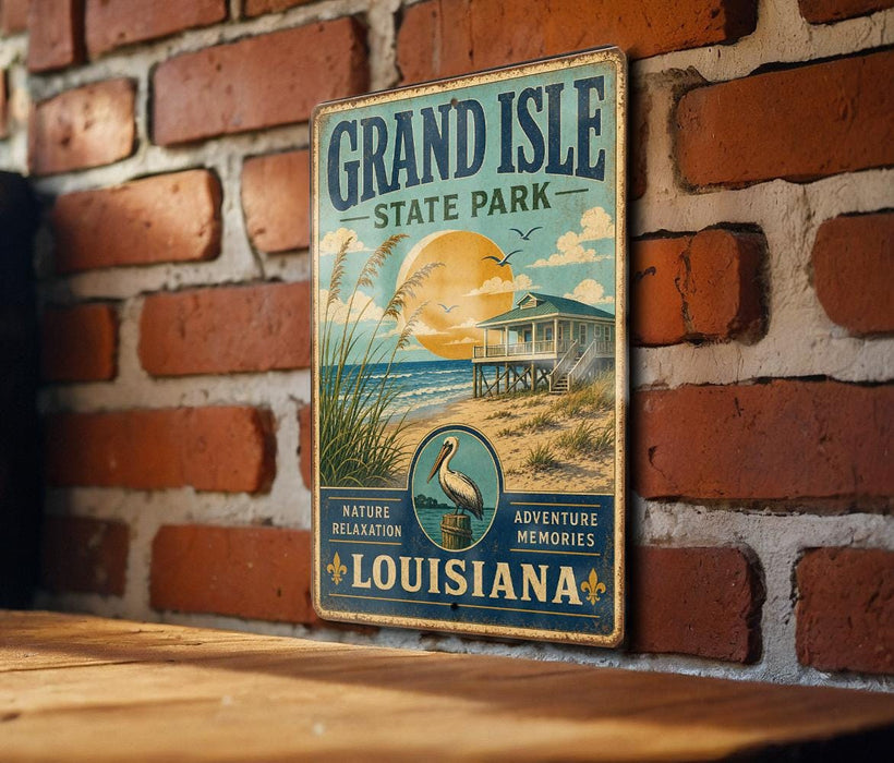 A vintage-style metal sign for Grand Isle State Park in Louisiana, featuring a beach scene with a house and palm trees.