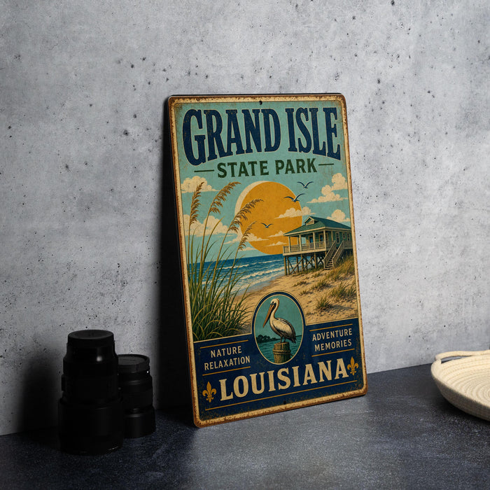 A vintage-style metal sign for Grand Isle State Park in Louisiana, featuring a beach scene with a palm tree and a bird.