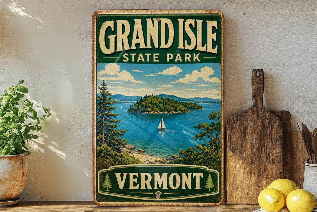 A vintage-style sign for Grand Isle State Park in Vermont, featuring a scenic image of the island and its surrounding waters.