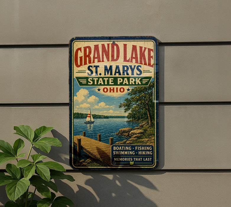 A vintage-style sign for Grand Lake State Park in Ohio, featuring a scenic image of a lake, dock, and sailboat.