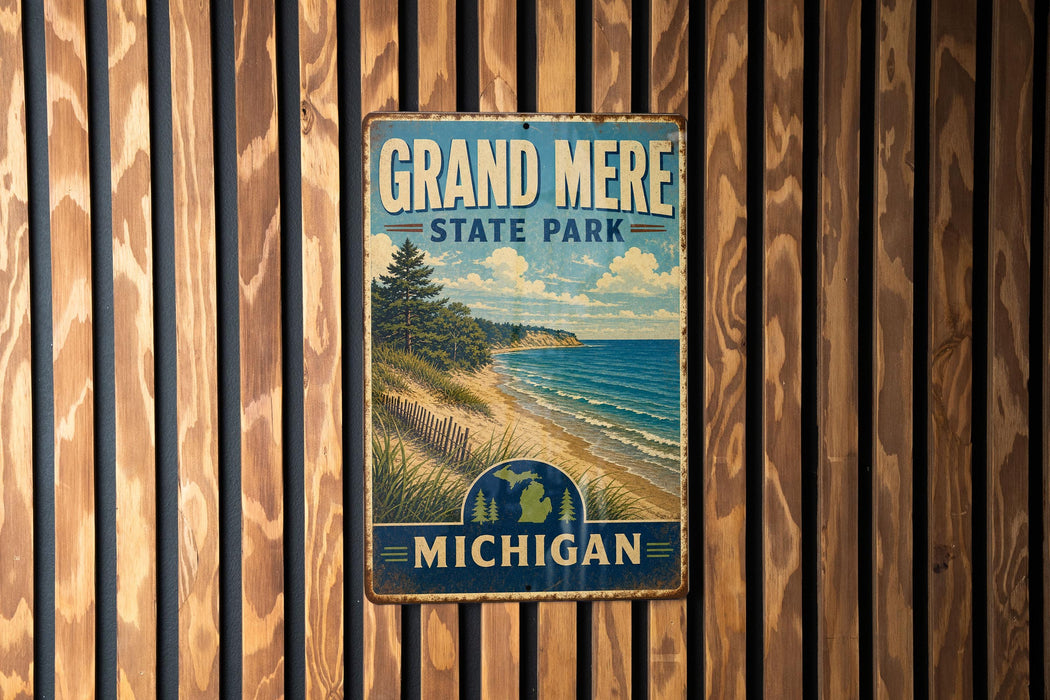 A vintage metal sign for Grand Mere State Park in Michigan, featuring a scenic landscape with a beach, mountains, and a pine tree.