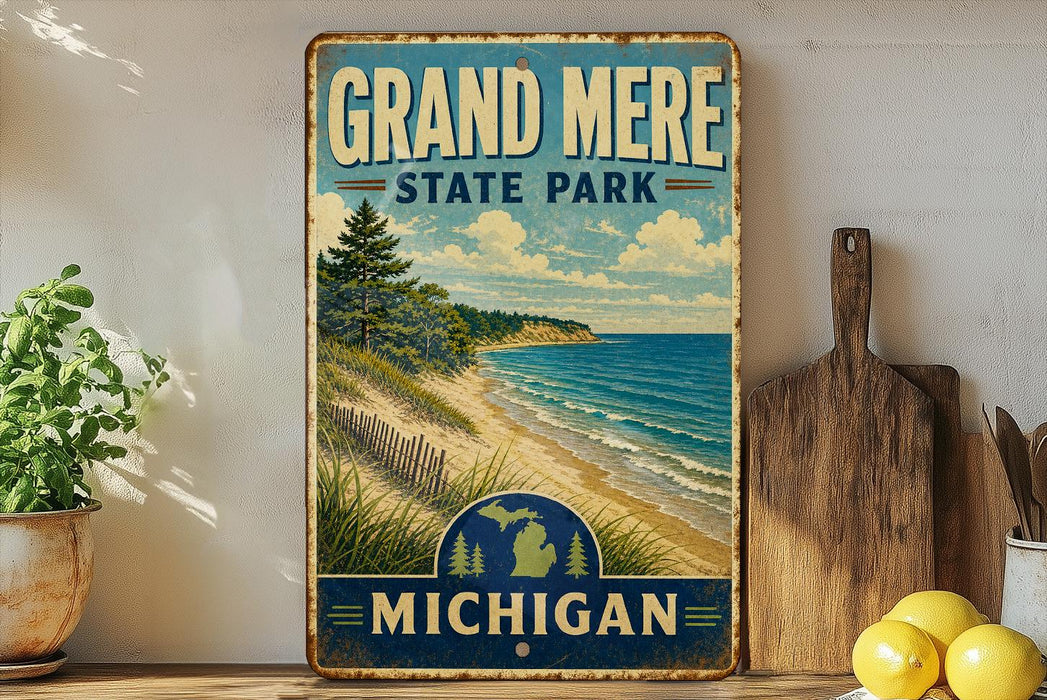 A vintage-style sign for Grand Mere State Park in Michigan, featuring a scenic beach landscape with a pine tree and a wooden fence.