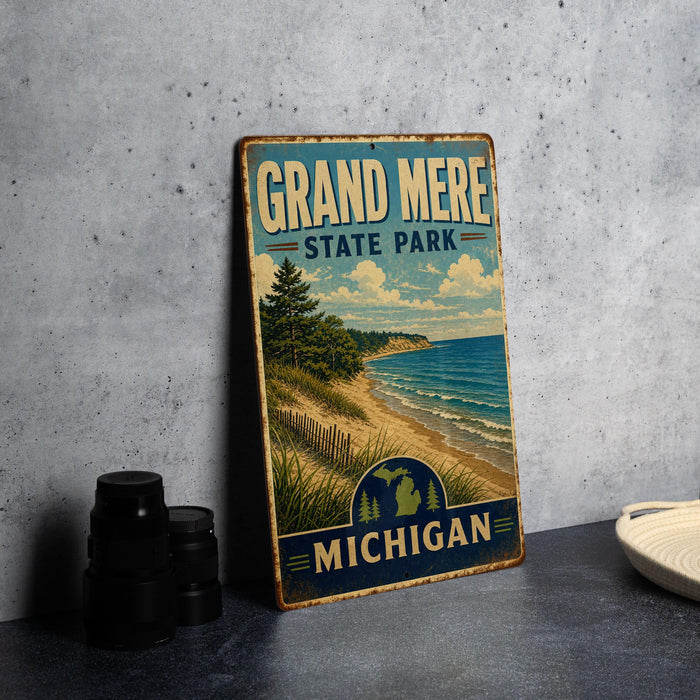 A vintage-style metal sign for Grand Mere State Park in Michigan, featuring a scenic landscape with a beach, mountains, and a pine tree.