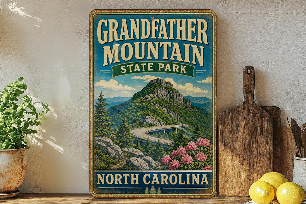 A vintage-style sign for Grandfather Mountain State Park in North Carolina, featuring a scenic mountain landscape with a winding road and pink flowers.