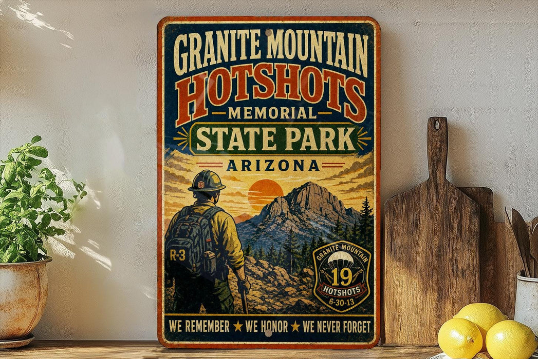 A vintage-style metal sign for the Granite Mountain Hotshots Memorial State Park in Arizona, featuring a firefighter standing in front of a mountain landscape.