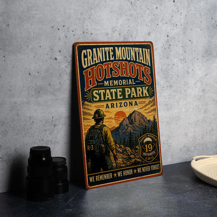 A vintage-style metal sign for Granite Mountain Hotshots Memorial State Park, Arizona, featuring a firefighter silhouette and a mountain landscape.