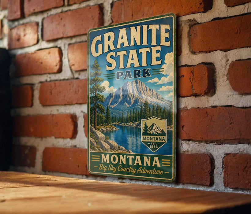 A vintage-style metal sign for Granite State Park, featuring a mountain landscape and a lake, is displayed on a brick wall.