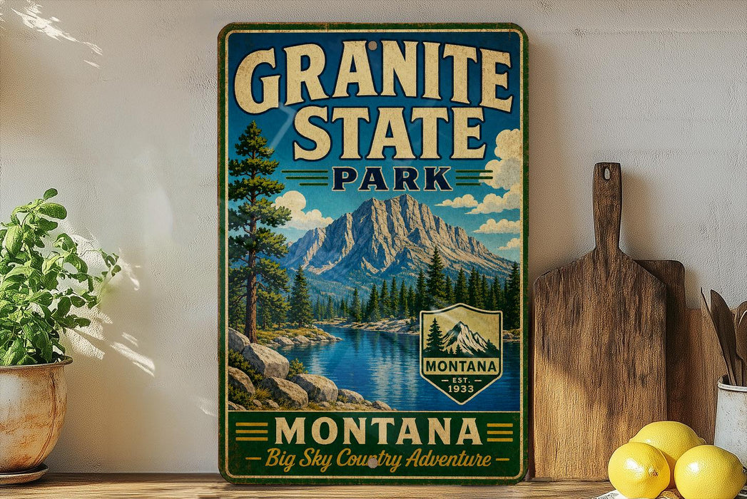 A vintage-style metal sign for Granite State Park in Montana, featuring a mountain landscape and a river.
