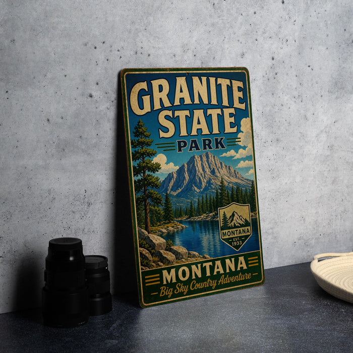 A vintage-style metal sign for Granite State Park in Montana, featuring a scenic mountain landscape and the park's name.