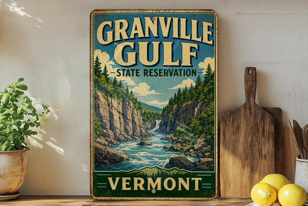 A vintage-style sign for Granville Gulf State Reserve, featuring a scenic illustration of a mountain landscape with a river flowing through it.