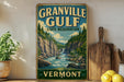A vintage-style sign for Granville Gulf State Reserve, featuring a scenic illustration of a mountain landscape with a river flowing through it.