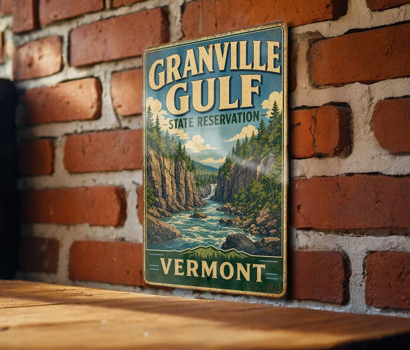 A vintage-style metal sign for Granville Gulf State Reserve, featuring a scenic mountain landscape with a waterfall, mounted on a brick wall.