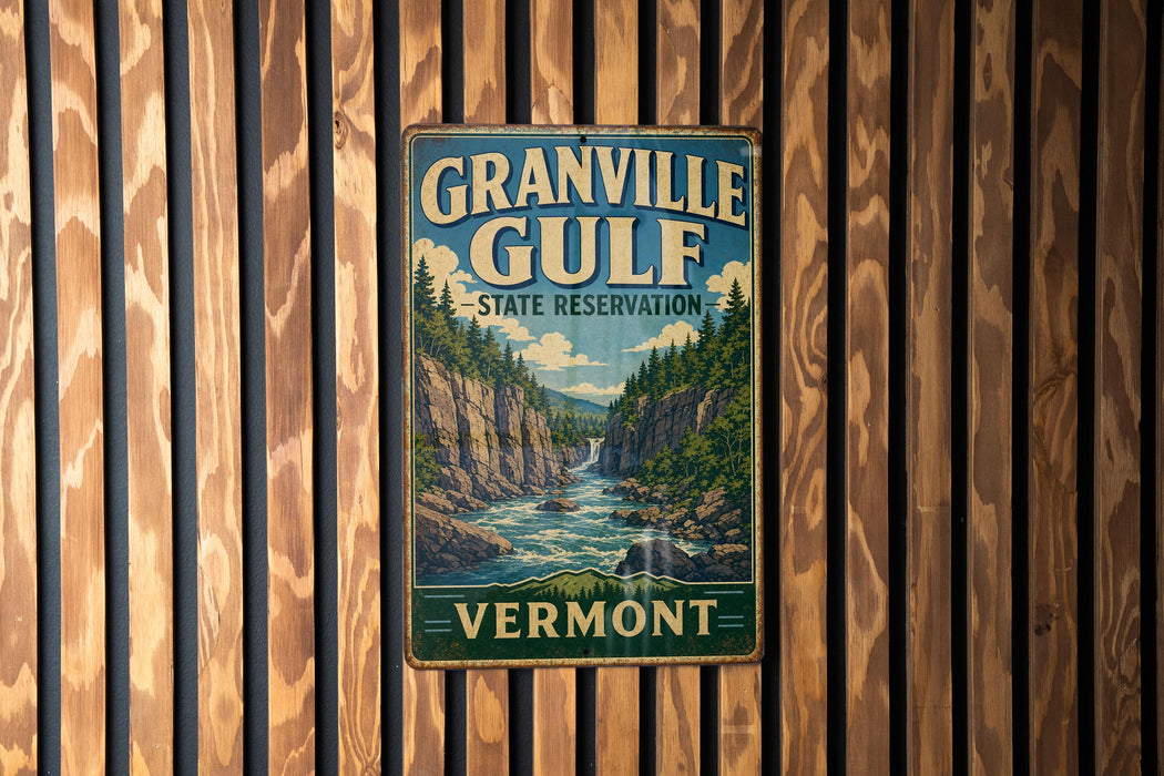 A vintage-style metal sign for the Granville Gulf State Reserve in Vermont, featuring a scenic mountain landscape with a waterfall.