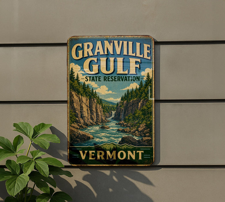 A vintage-style sign for Granville Gulf State Reserve, featuring a scenic mountain landscape with a waterfall, mounted on a wall.