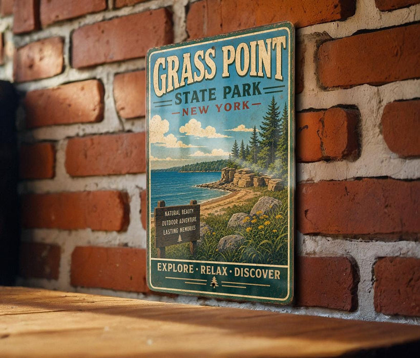 A vintage-style sign for Grass Point State Park in New York, featuring a scenic landscape with a beach, mountains, and pine trees.
