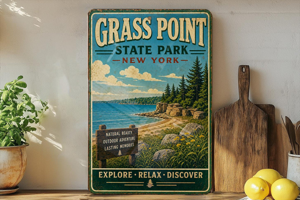 A vintage-style sign for Grass Point State Park in New York, featuring a scenic landscape with a beach, mountains, and pine trees.