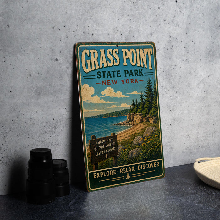 A vintage-style sign for Grass Point State Park in New York, featuring a scenic landscape with pine trees, a beach, and a body of water.