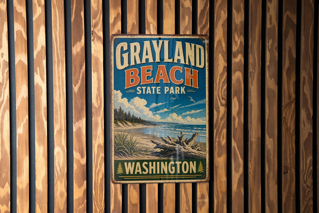 A vintage metal sign for Grayland Beach State Park in Washington, featuring a scenic landscape with a beach, mountains, and a clear blue sky.