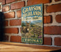 A vintage-style sign for Grayson Highlands State Park in Virginia, featuring a donkey and a scenic mountain landscape.