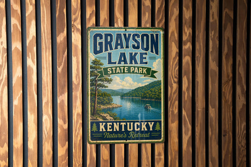 A vintage metal sign for Grayson Lake State Park in Kentucky, featuring a scenic landscape with a lake, mountains, and a boat on the water.