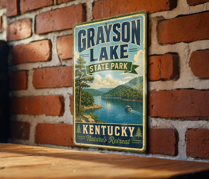A vintage-style metal sign for Grayson Lake State Park in Kentucky, featuring a scenic image of a lake surrounded by mountains and trees.