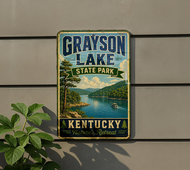 A vintage-style sign for Grayson Lake State Park in Kentucky, featuring a scenic landscape with a lake, mountains, and a boat on the water.