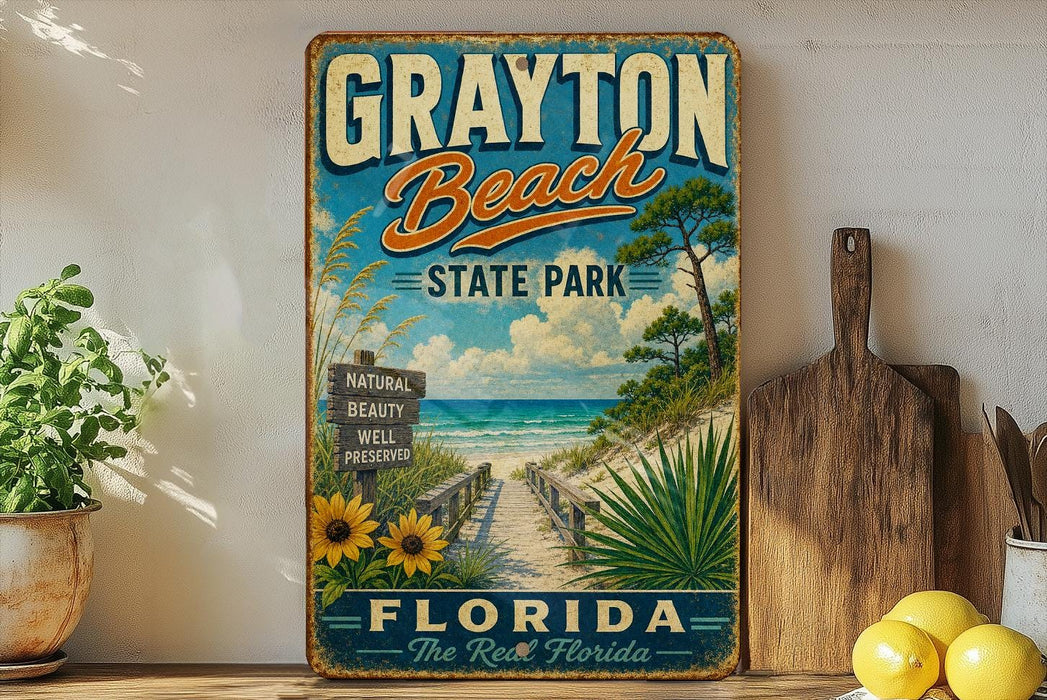 A vintage-style sign for Grayton Beach State Park in Florida, featuring a beach scene with a wooden walkway, palm trees, and a blue sky with clouds.