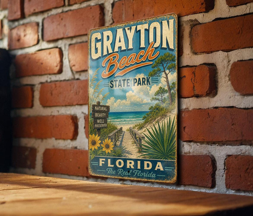 A vintage metal sign for Grayton Beach State Park in Florida, featuring a beach scene with palm trees and a wooden walkway leading to the beach.