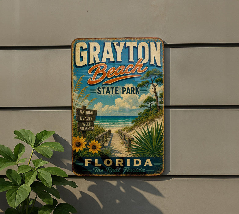A vintage-style metal sign for Grayton Beach State Park in Florida, featuring a beach scene with palm trees, a sandy path, and a blue sky with clouds.