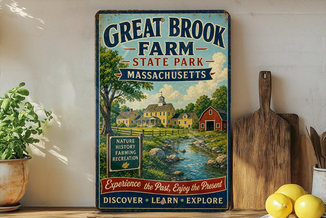 A vintage-style sign for Great Brook Farm State Park in Massachusetts, featuring a scenic illustration of a farm and a stream.