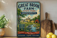 A vintage-style sign for Great Brook Farm State Park in Massachusetts, featuring a scenic illustration of a farm and a stream.