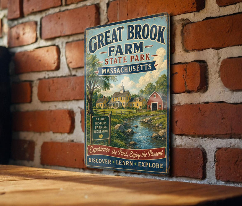 A vintage-style metal sign for Great Brook Farm State Park in Massachusetts, featuring a scenic illustration of a farm and a river.