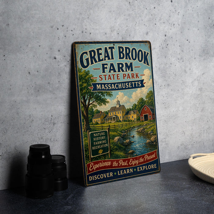 A vintage metal sign for Great Brook Farm State Park in Massachusetts, featuring a scenic illustration of a farm and a river.