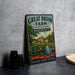 A vintage metal sign for Great Brook Farm State Park in Massachusetts, featuring a scenic illustration of a farm and a river.