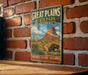 A vintage-style metal sign for Great Plains State Park in Oklahoma, featuring an illustration of a buffalo grazing in a desert landscape with a mountain in the background.