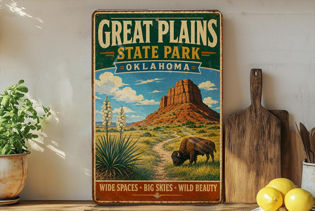 A vintage-style metal sign advertising the Great Plains State Park in Oklahoma, featuring a scenic illustration of a bison grazing in the foreground and a desert landscape with a mountain in the background.