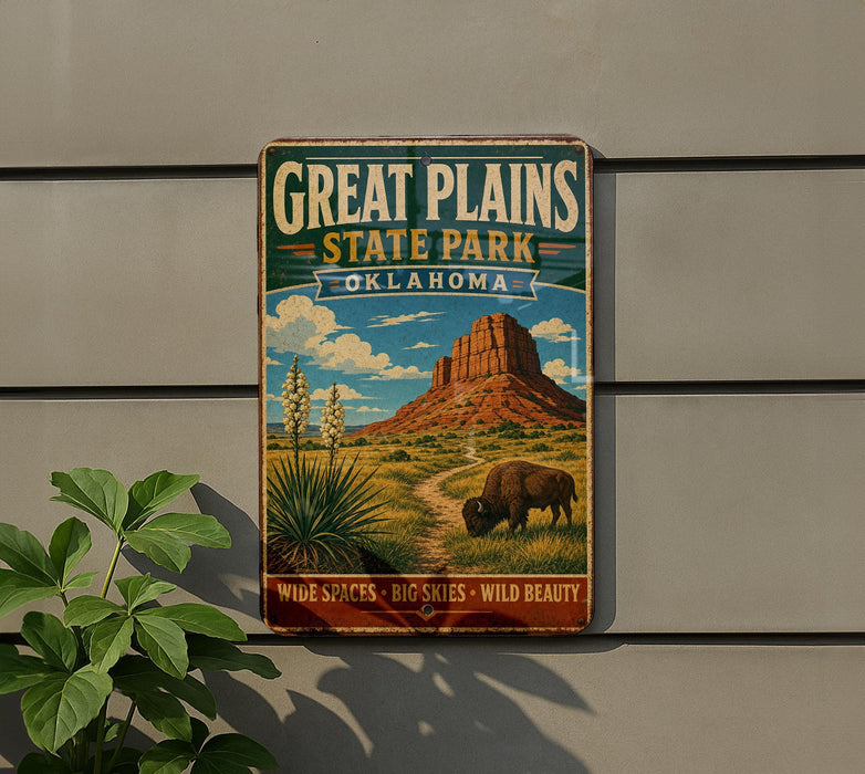 A vintage-style sign for Great Plains State Park in Oklahoma, featuring a buffalo grazing in the foreground and a desert landscape with mountains in the background.