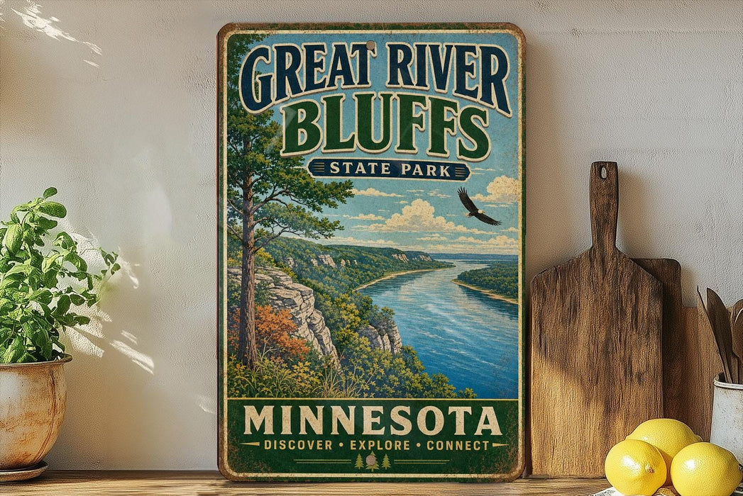 A vintage-style sign for Great River Bluffs State Park in Minnesota, featuring a scenic illustration of the park's landscape with a river, mountains, and wildlife.
