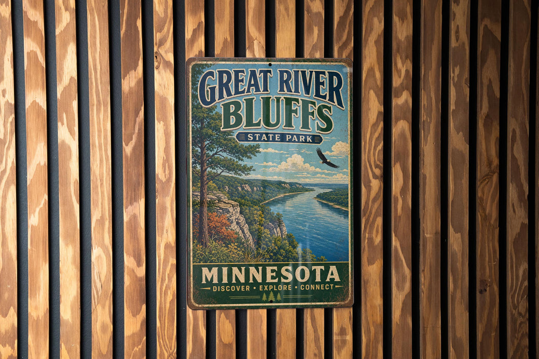 A vintage metal sign for Great River Bluffs State Park in Minnesota, featuring a scenic landscape with a river, mountains, and a bird in flight.