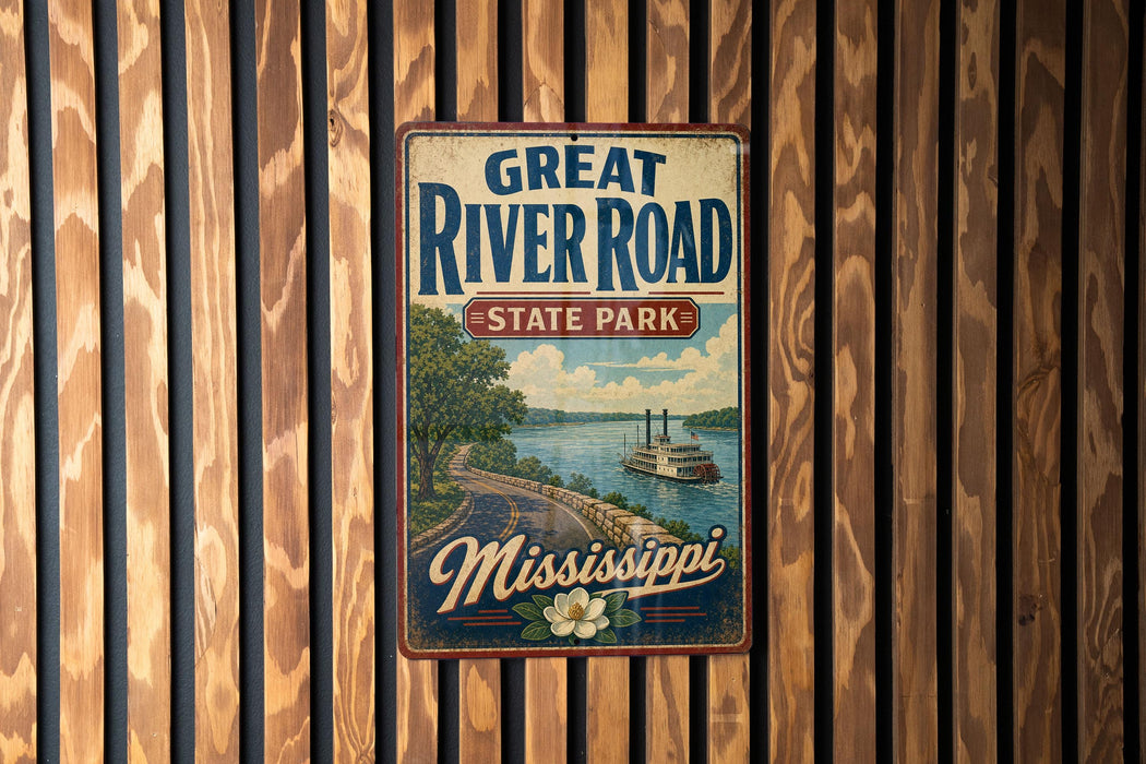 A vintage-style metal sign for Great River Road State Park in Mississippi, featuring a scenic illustration of a river, trees, and a steamboat.