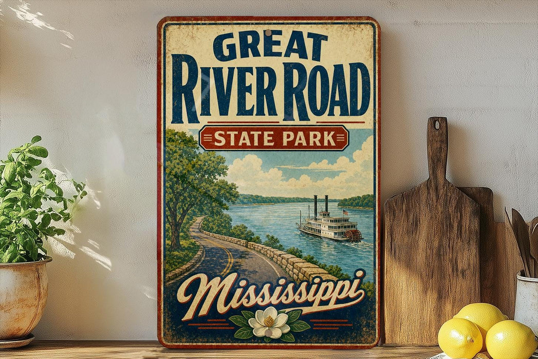 A vintage-style sign for the Great River Road State Park in Mississippi, featuring a scenic illustration of a river, trees, and a steamboat.