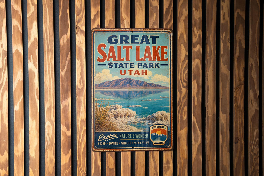 A vintage metal sign for Great Salt Lake State Park in Utah, featuring a scenic illustration of the lake and mountains.