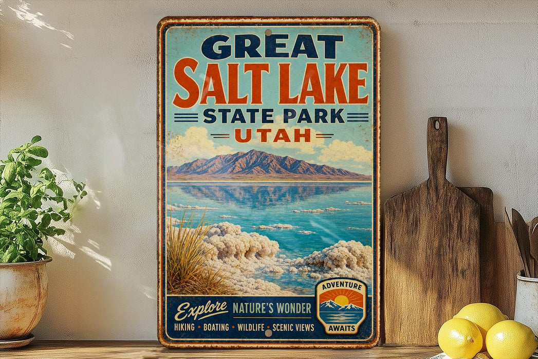 A vintage-style sign for Great Salt Lake State Park in Utah, featuring a scenic landscape with mountains, water, and a lake.