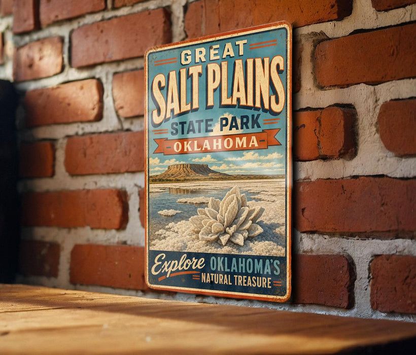 A vintage-style metal sign for Great Salt Plains State Park in Oklahoma, featuring a scenic illustration of the park's landscape.