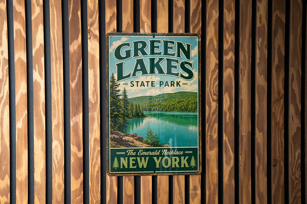 A vintage-style metal sign for Green Lakes State Park in New York, featuring a scenic image of the lake surrounded by pine trees.