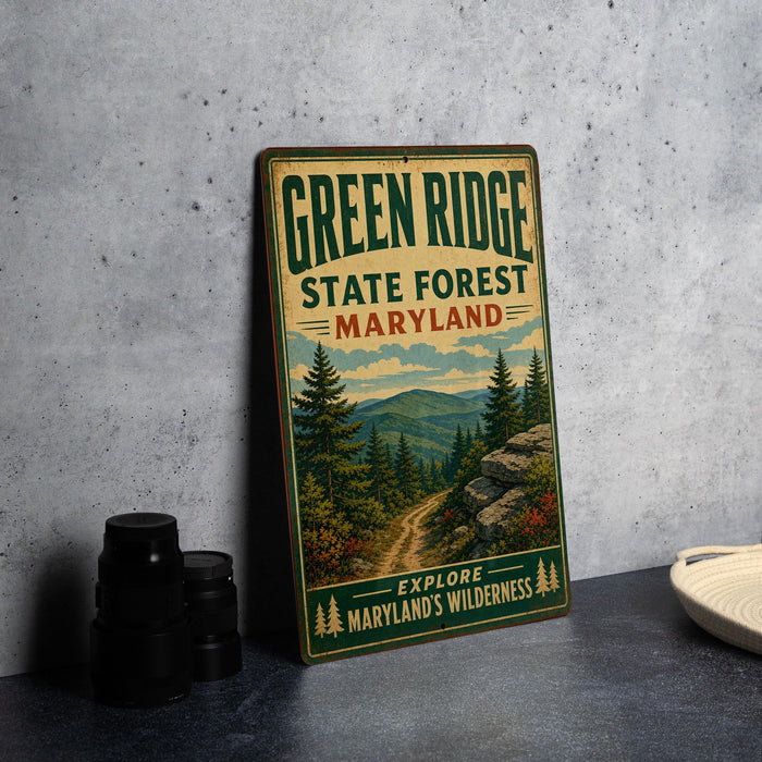 A vintage-style metal sign for the Green Ridge State Forest in Maryland, featuring a scenic mountain landscape and the text "Green Ridge State Forest Maryland" prominently displayed.
