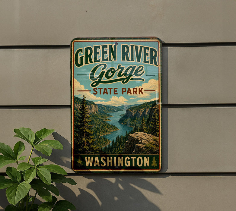 A vintage-style sign for Green River Gorge State Park in Washington, featuring a scenic mountain landscape with a river and pine trees.