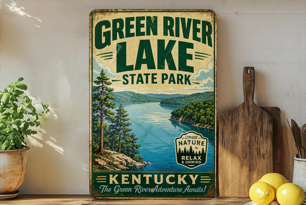 A vintage-style sign for Green River Lake State Park in Kentucky, featuring a scenic illustration of the lake surrounded by mountains and pine trees.